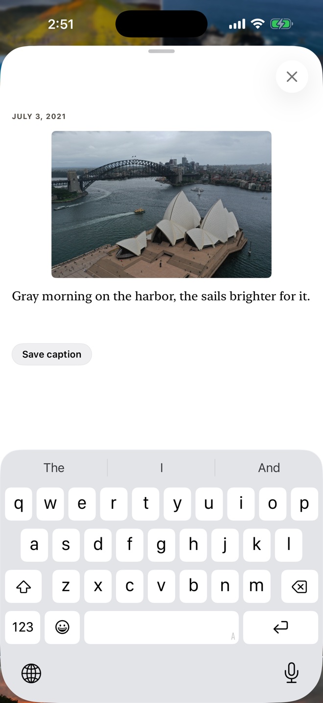 Writing a caption, keyboard raised